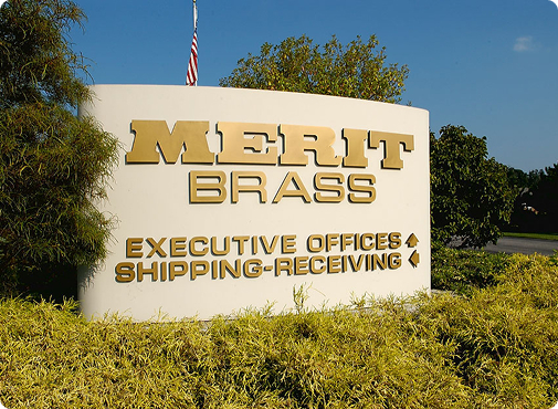 Merit Brass executive offices and shipping-receiving sign at the Cleveland headquarters